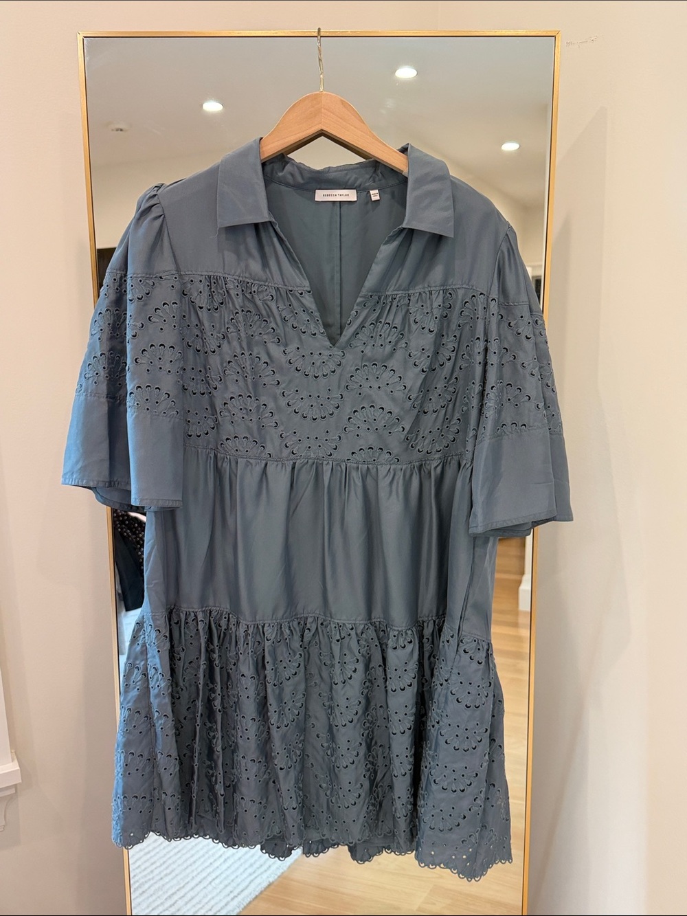 Rebecca Taylor Slate Blue Eyelet Tiered Mini Dress